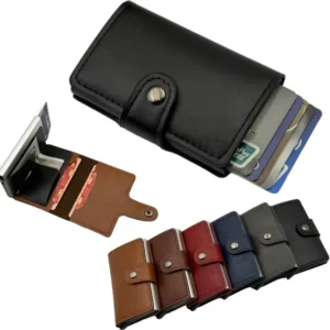 BILLETERA ANTI CLONACIÓN CON BOTON DE SIMIL CUERO